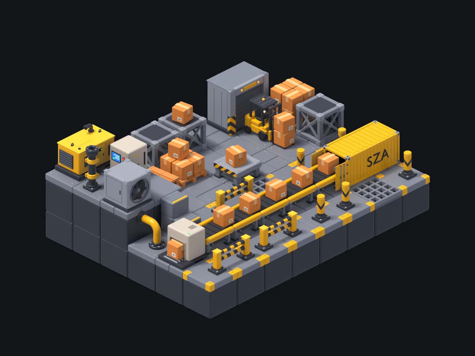 Voxel diorama of the SZA yard: a packing machine sends boxes along a conveyor into an open yellow SZA container, while a forklift carries boxes out of the loading dock and a fan turns on the raised power deck.